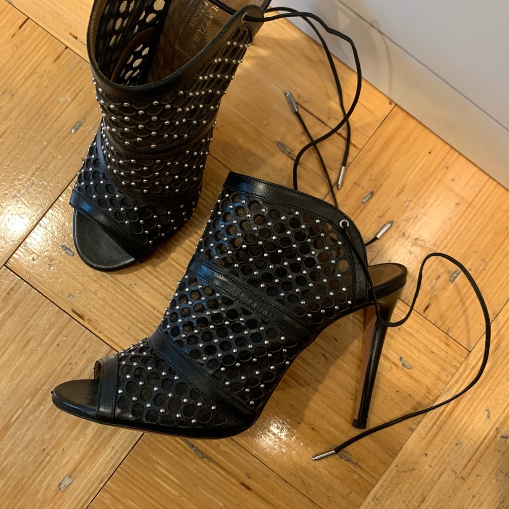 Aquazurra Black Leather Laser cut Mesh Open Toe Booties Sandal - 39